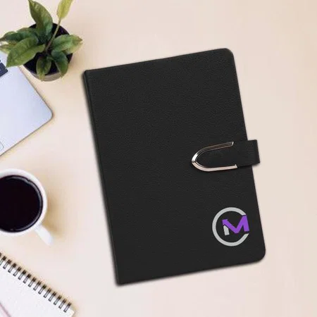 Black Customized Leather A5 Notebook With U Metal Flap Closure | 192 Writing Pages | Hard Bound Cover | Premium Leather Finishing