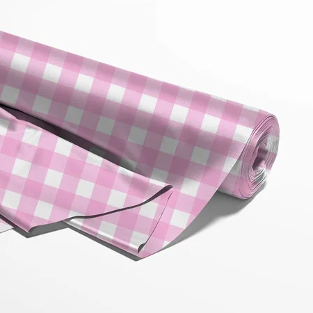 Pastel Pink Gingham Pattern Printed Satin Fabric