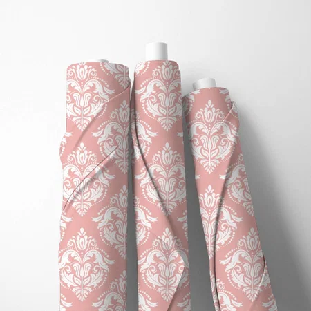 White And Salmon Pink Ornate Floral Printed Satin Fabric