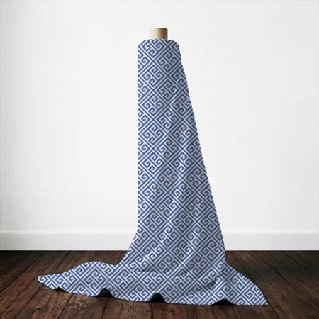Blue Greek Key Printed Satin Fabric