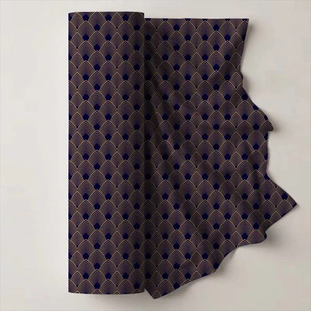 Gold And Blue Art Deco Pattern Printed Satin Fabric