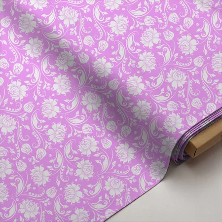 White Damasks With Pink Background Printed Satin Fabric
