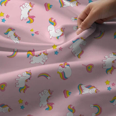 Cute Trendy Magical Unicorn Pastel Color Pink Printed Satin Fabric