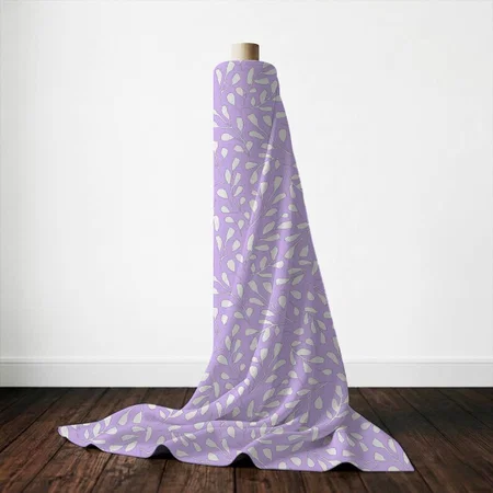 Modern White Botanical Leaf Pattern Lilac Purple Printed Satin Fabric