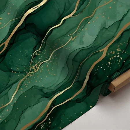 Emerald Green And Gold Abstract Pattern Printed Satin Fabric
