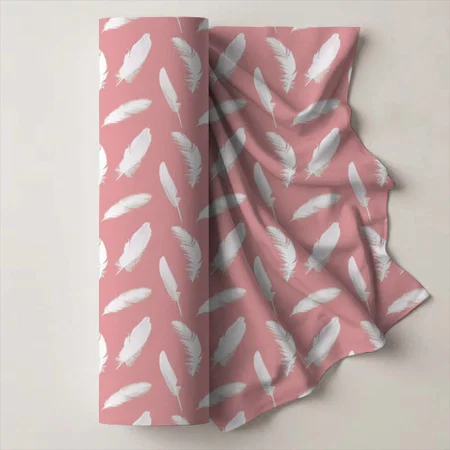 White Feather Print On Shell Pink Printed Satin Fabric