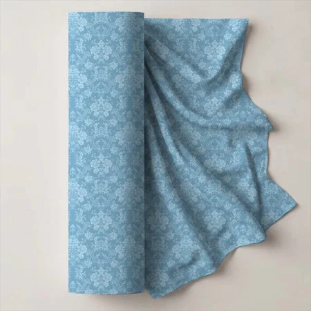 Elegant Romantic Chic Floral Damask-Pastel Blue Printed Satin Fabric