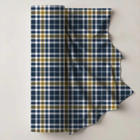 Navy Blue And Yellow Gold Sporty Plaid Printed Satin Fabric