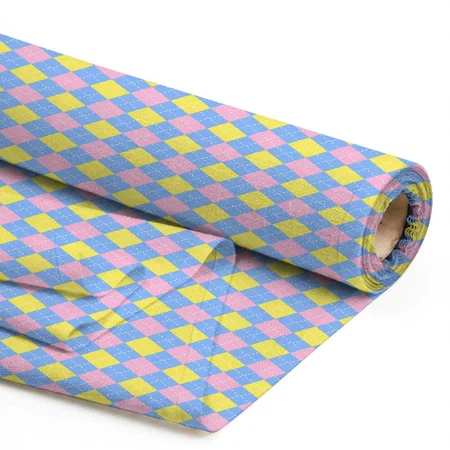 Pastel Pink Blue Yellow Argyle Pattern Printed Satin Fabric