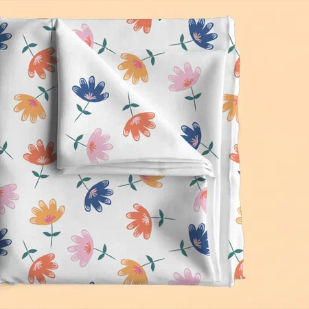 Whimsical Pink Orange Blue Flowers Pattern Printed Satin Fabric