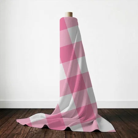 Cute Pink Gingham Pattern Printed Satin Fabric