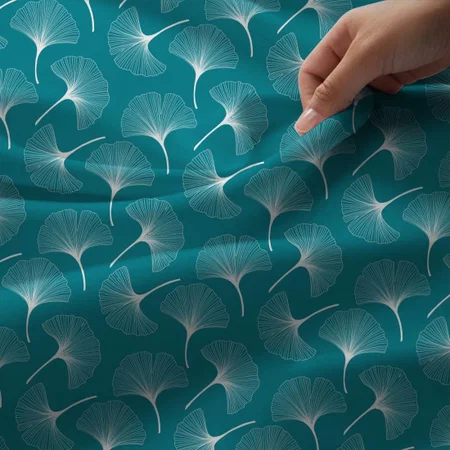 White And Turquoise Abstract Leaves Printed Satin Fabric