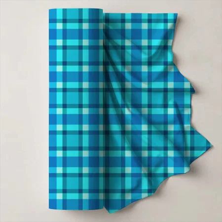 Large Modern Plaid, Cobalt Blue, Aqua & Turquoise Printed Satin Fabric