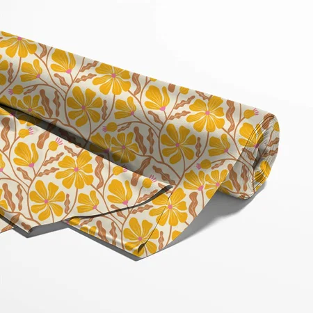 Yellow Mid Century Modern Floral Pattern Printed Satin Fabric
