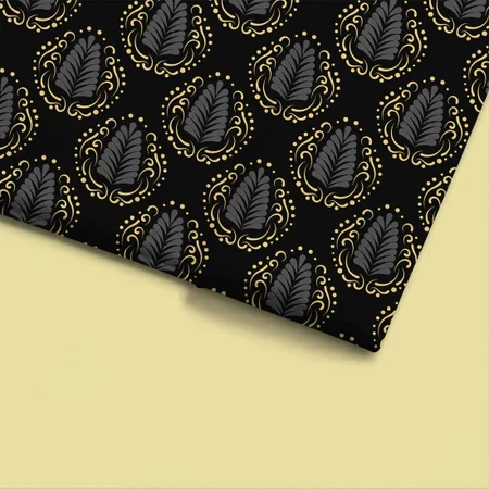 Modern Stylized Damasks In Gray & Gold Printed Satin Fabric