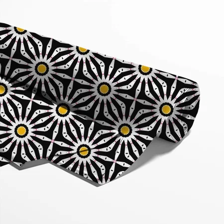 Modern Black White Yellow Geometric Starburst Printed Satin Fabric