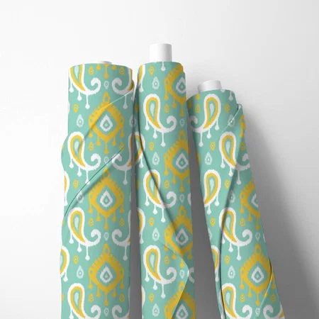 Yellow Aqua And Mint Ikat Paisley Pattern Printed Satin Fabric