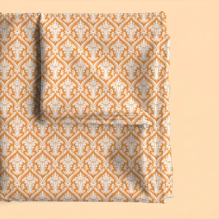 Trendy Orange Baroque Damask Pattern Printed Satin Fabric