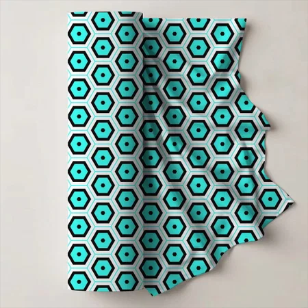Modern Turquoise Black White Hexagon Honeycomb Printed Satin Fabric