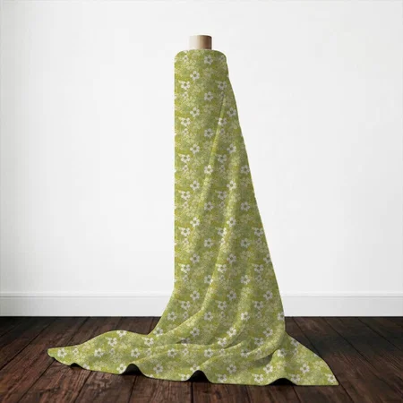 Pastel Green & Yellow Flower Pattern Printed Satin Fabric