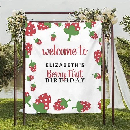 Berry First Birthday Cute Strawberry Customized Vinyl Flex Print Backdrop