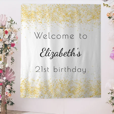 Birthday White Gold Glitter Name Elegant Customized Vinyl Flex Print Backdrop