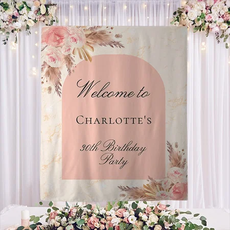 Birthday Pampas Grass Rose Gold Blush Arch Customized Vinyl Flex Print Backdrop