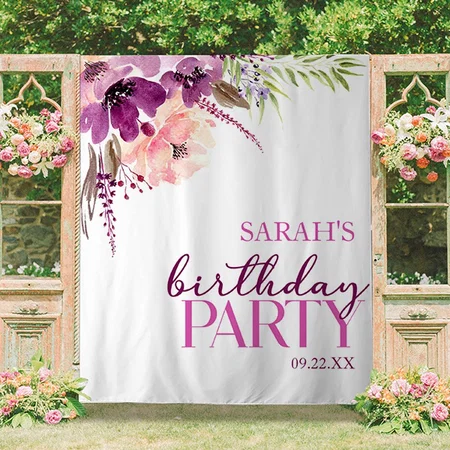 Violet Magenta Purple Floral Birthday Customized Vinyl Flex Print Backdrop