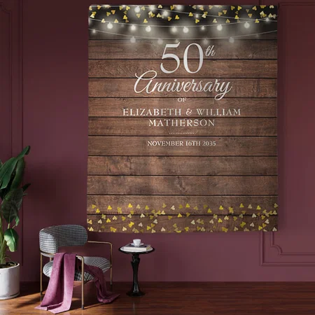 Rustic 50th Anniversary Gold Hearts Photo Customized Vinyl Flex Print Backdrop