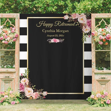 Happy Retirement Black & White Stripes Floral Customized Vinyl Flex Print Backdrop