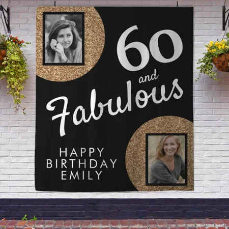 Fabulous Gold Glitter 2 Photo 60th Birthday Customized Vinyl Flex Print Backdrop