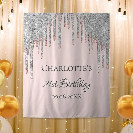 Birthday Party Glitter Rose Gold Silver Blush Pink Customized Vinyl Flex Print Backdrop