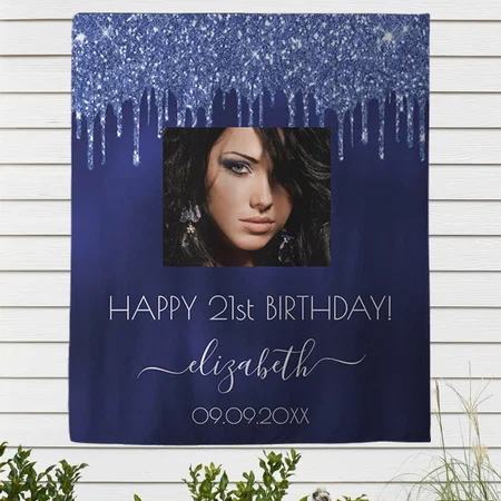 Birthday Party Navy Blue Glitter Drips Photo Customized Vinyl Flex Print Backdrop