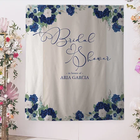 Royal Rose Blue Floral Bridal Shower Customized Vinyl Flex Print Backdrop