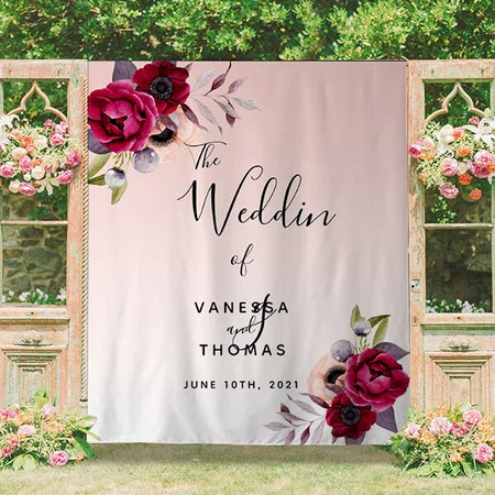 Wedding Rose Gold Burgundy Florals Photo Customized Vinyl Flex Print Backdrop