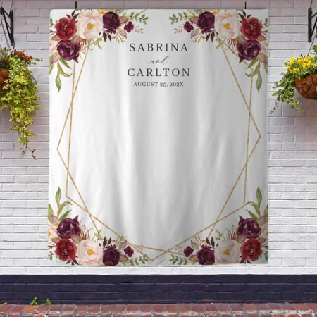 Burgundy Red Floral Geometric Wedding Customized Vinyl Flex Print Backdrop