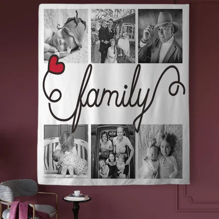 Family Typography Art Red Heart Photos Customized Vinyl Flex Print Backdrop