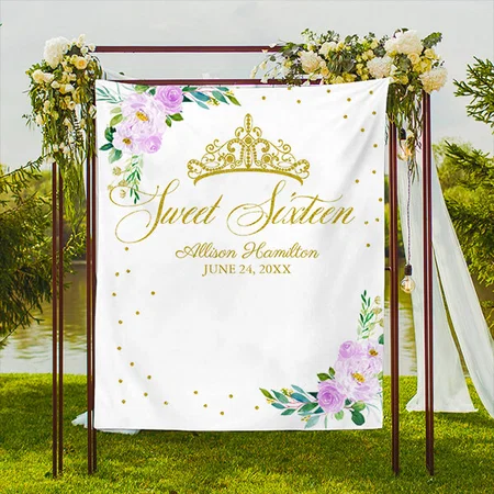 Sweet 16 Gold Tiara Lavender Floral Customized Vinyl Flex Print Backdrop