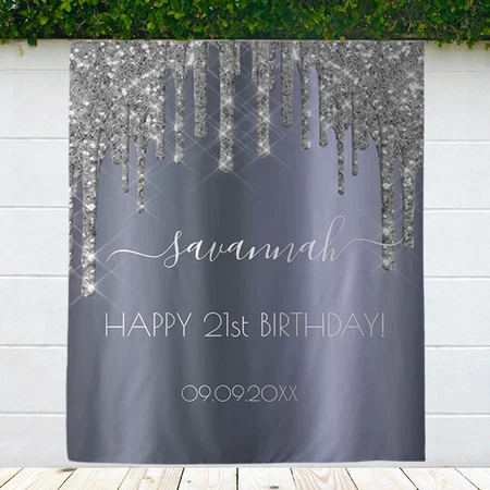 Birthday Party Silver Glitter Glam Sparkle Customized Vinyl Flex Print Backdrop