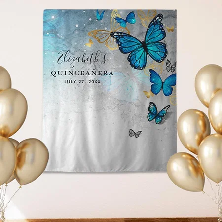 Gold and Blue Butterfly Photo Customized Vinyl Flex Print Backdrop