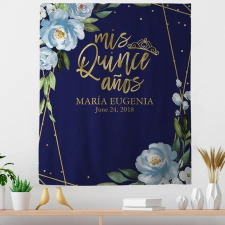 Gold Foil Dark Blue Floral Customized Vinyl Flex Print Backdrop