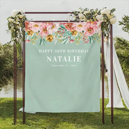Girly Watercolor Floral 30th Birthday Blue Chic Customized Vinyl Flex Print Backdrop
