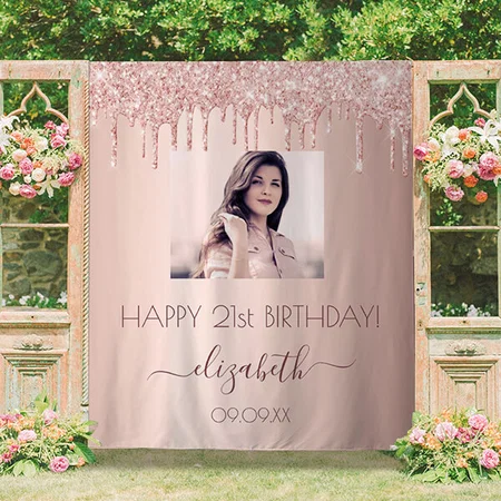 Birthday Party Photo Rose Gold Glitter Pink Vinyl Flex Print Backdrop
