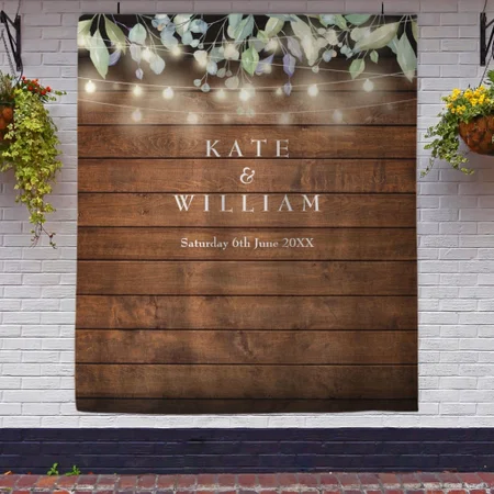 String Lights Rustic Wood Wedding Customized Vinyl Flex Print Backdrop