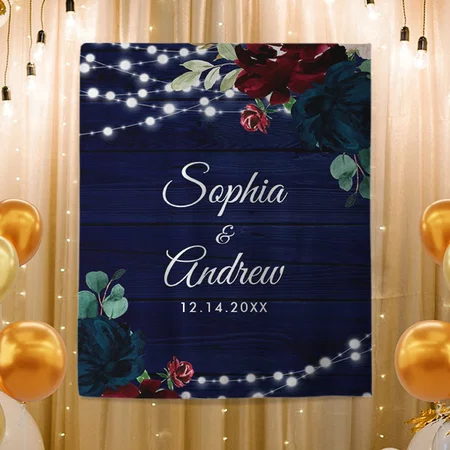 Rustic Wood Marsala & Navy Blue Flowers Customized Vinyl Flex Print Backdrop
