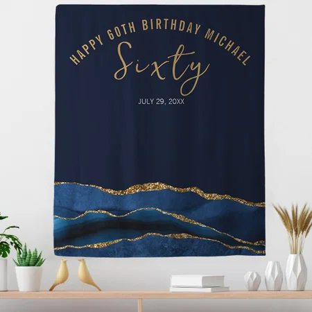 60th Birthday Blue Gold Agate Customized Vinyl Flex Print Backdrop