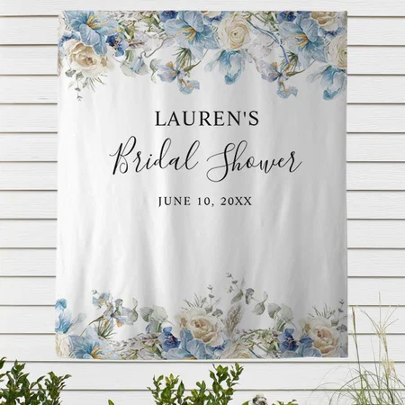 Blue Floral Bridal Shower Customized Vinyl Flex Print Backdrop