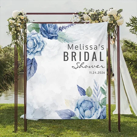 Dusty Blue Watercolor Floral Customized Vinyl Flex Print Backdrop