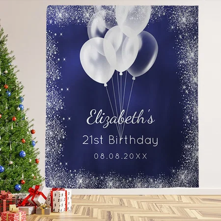 Birthday Navy Blue Silver Glitter Balloons Customized Vinyl Flex Print Backdrop
