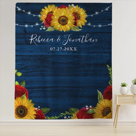 Sunflower Rose Navy Wood Rustic Customized Vinyl Flex Print Backdrop